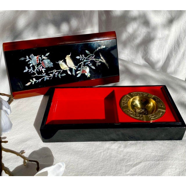 Wood Japanese Black Lacquer Smoking Box Mother-of-Pearl Birds & Pomegranates - Mid 20th Century For Sale - Image 7 of 16