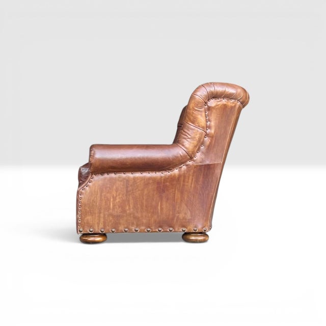 1990s English Churchill Leather Armchair With Rolled Arms & Brass Nailhead Trim For Sale - Image 9 of 12
