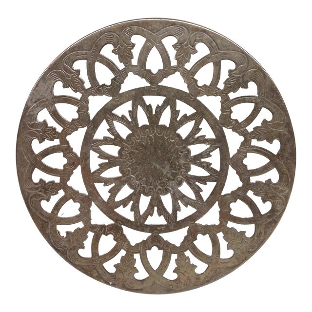 1980s Hand Carved Silverplate & Glass Trivet For Sale