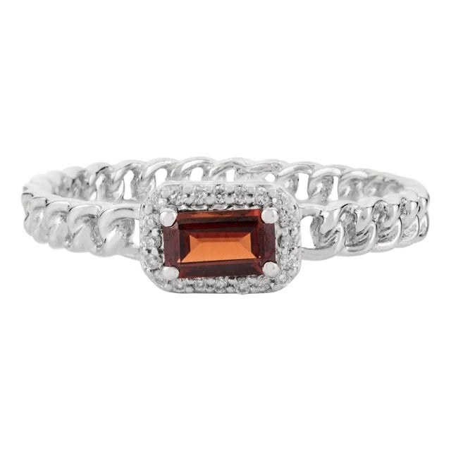 Baguette Cut Garnet Halo Diamond Birthstone Ring Size 5.5 in 14k White Gold For Sale