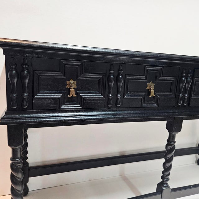 Early 20th Century Antique Kittinger Two Drawer Ebonized Oak Jacobean Style Sideboard / Console Table For Sale - Image 5 of 12