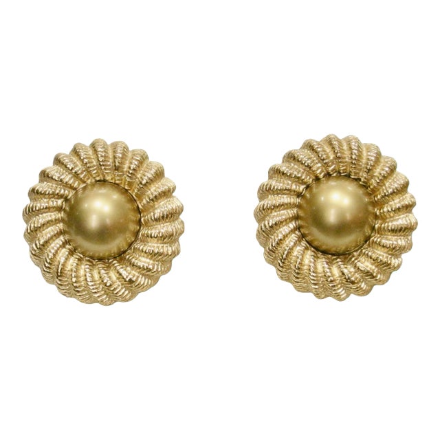 1970s Vintage Richelieu Matte Gold Carved Earrings - 2 Pieces For Sale