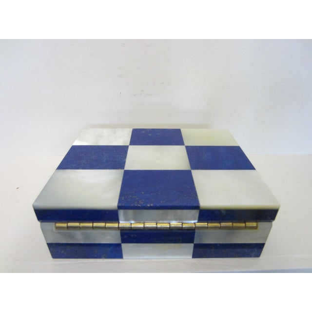1940s Lapis Lazuli Intarsia Mother of Pearl Vintage Jewelry Box For Sale - Image 5 of 14