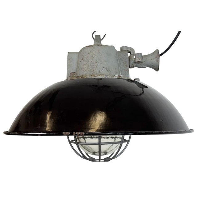 Black Enamel and Cast Iron Industrial Cage Pendant Light from Elektrosvit, 1960s For Sale - Image 18 of 18