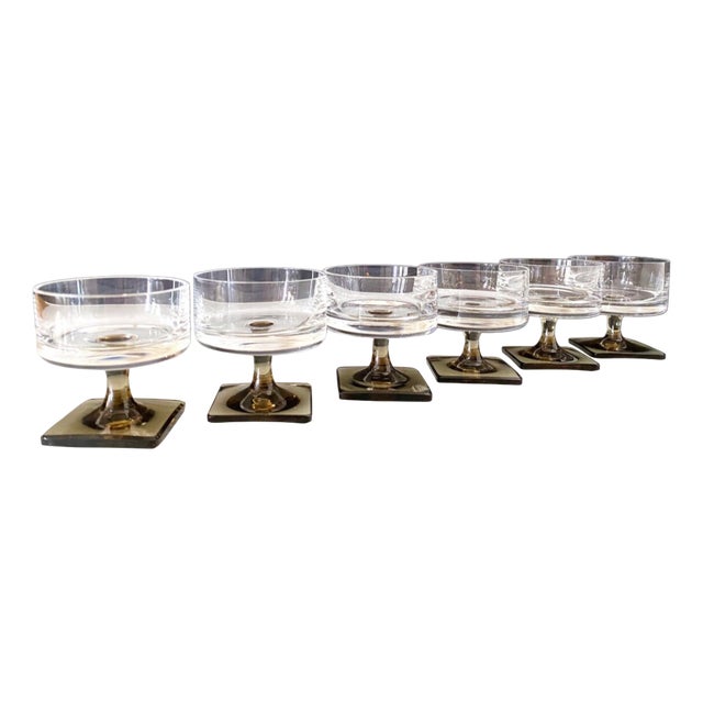 Linear Smoke Berlin Cups in 24% Lead Crystal & Square Base George Butler Jensen for Rosenthal, Set of 6 For Sale