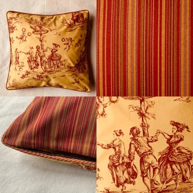 French Toile De Jouy Throw Pillow Cover,"Printemps" Pattern, Red and Gold, 20-Inch Square For Sale - Image 3 of 11