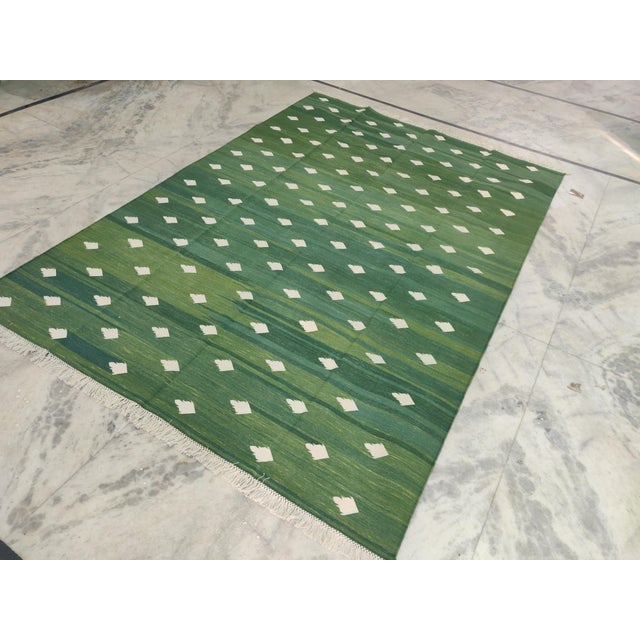 Casa Cosima Handmade Cotton Fleur Rug, Forest Green and White Dhurrie - 14'x16' For Sale - Image 4 of 16