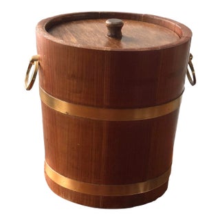 Vintage Mid-Century Modern Teak and Brass Belted Barrel Lidded Ice Bucket For Sale