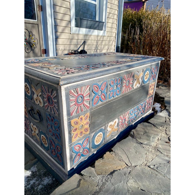 This is a striking and sturdy Vintage Mexican Folk Art Baúl (Storage Chest). This piece is a highly decorative example of...