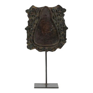 Vintage Wooden Carved Fabric Printing Stamp on Display Stand For Sale