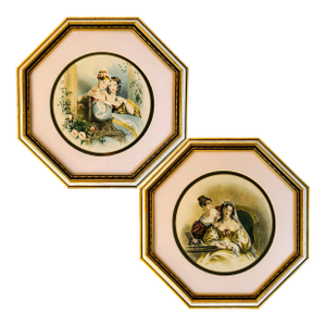 Vintage Rudolf Lesch "Flowers of Loveliness" Octagonal Framed Lithographs - A Pair