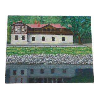 Original Oil on Canvas Painting Estate Home W/ Stone Wall & Reflection - Unsigned 20x16" For Sale