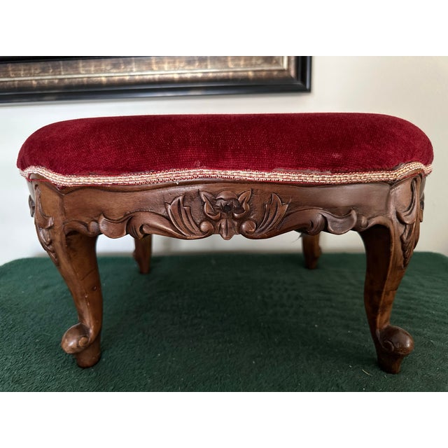 Mid 20th Century Vintage Mid 20th Century Louis XV Oval Shaped Wood and Red Velvet Upholstered Footstool For Sale - Image 5 of 11