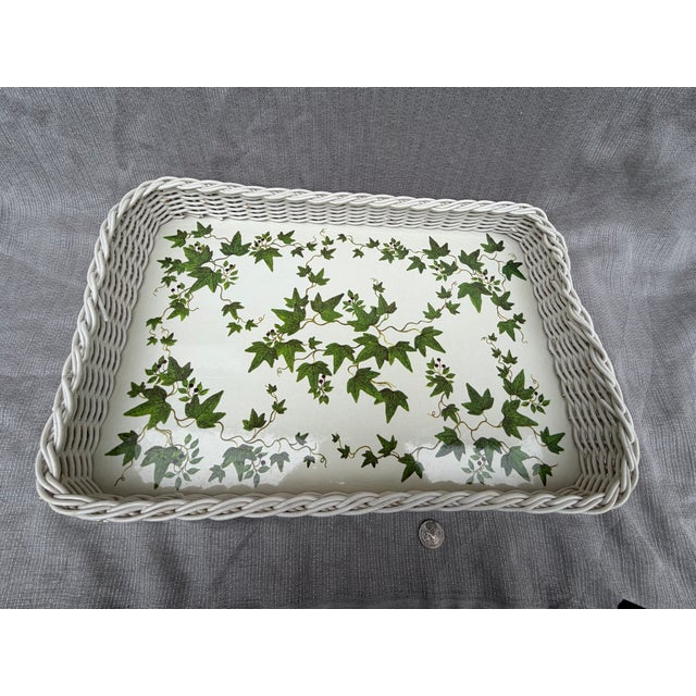 Vintage White Faux Wicker Green Ivy Vine Serving Tray For Sale - Image 10 of 18