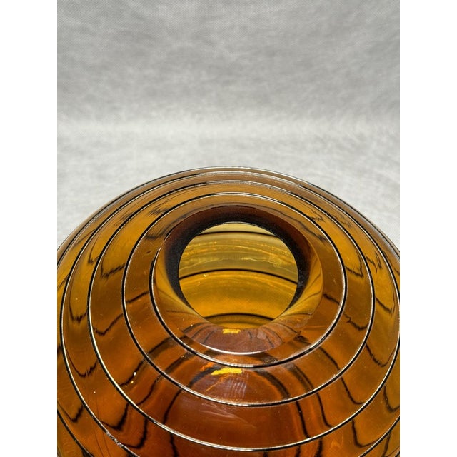 Mid-Century Art Deco Style Amber Glass Vase with Black Raised Details, 1970s For Sale - Image 4 of 6