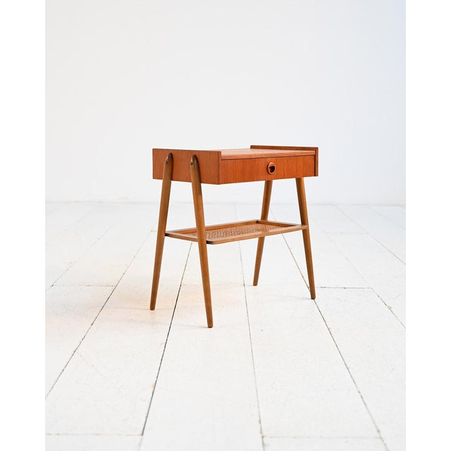 Scandinavian Teak Bedside Table with Vienna Straw Shelf, 1950s For Sale - Image 3 of 13