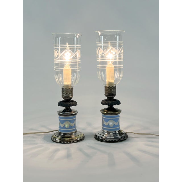 Metal Pair of Vintage Sister Jasperware Candlestick Lamps, Attributed to Wedgwood For Sale - Image 7 of 12