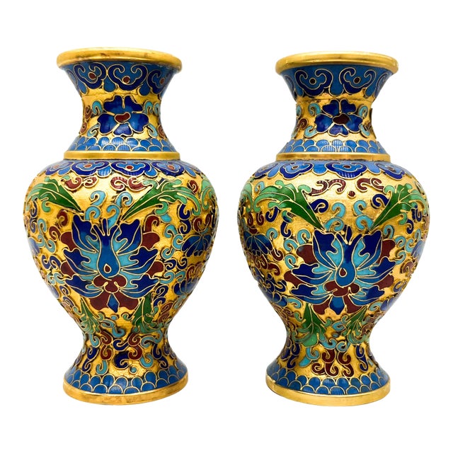 Pair of Mid-Century Chinese Cloisonné Vases – Blue, Green & Gold Enamel With Lotus Motif – Chinoiserie / Hollywood Regency For Sale