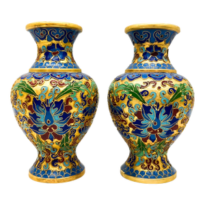 Pair of Mid-Century Chinese Cloisonné Vases – Blue, Green & Gold Enamel With Lotus Motif – Chinoiserie / Hollywood Regency