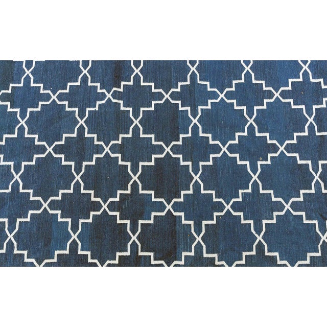 Blue Contemporary Indian Dhurrie Blue and White Handmade Rug by Doris Leslie Blau For Sale - Image 8 of 9