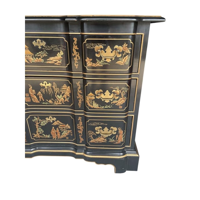 1980s Drexel Heritage Vintage Chinoiserie Gilt Decorated Blockfront 3-Drawer Chest Et Cetera Collection For Sale - Image 5 of 12