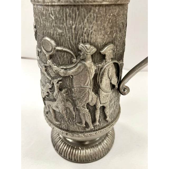 Metal Vintage Pewter Embossed Hunting Scene Lidded Pitcher For Sale - Image 7 of 11