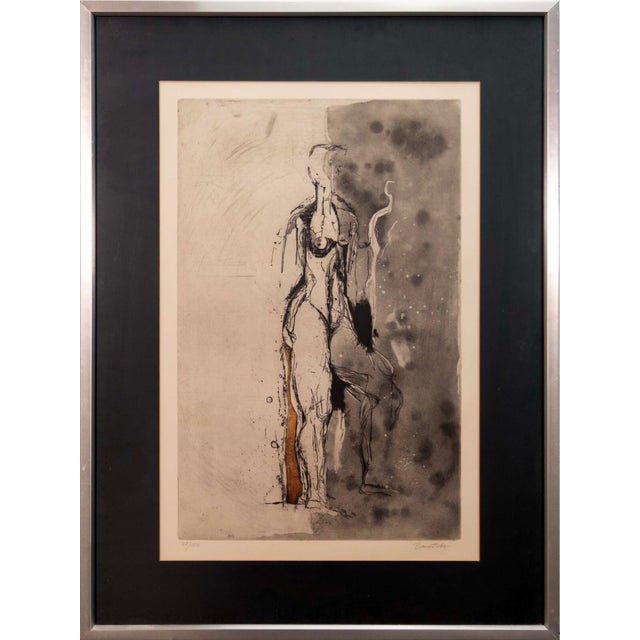A modernist etching on paper Untitled (Nude) by Austrian artist Karl Brandstatter. Hand signed in pencil on the bottom...