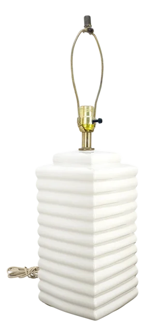 Mid Century c1970s 7x7" Square White Ceramic Ribbed Sides Table Lamp