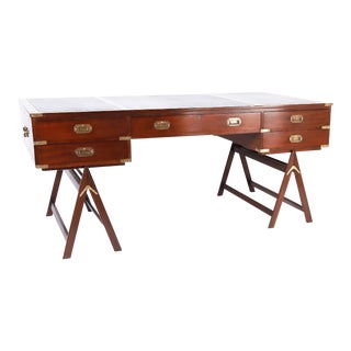 Large British Colonial Style Campaign Leather Top Desk For Sale