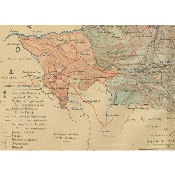 The map depicts the province of Cáceres in Spain, dated 1901. Key features of the map include: The map shows detailed...