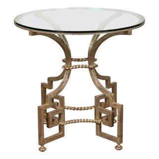 Midcentury French Silver Leaf Iron Table with Glass Top and Greek Key Motifs For Sale