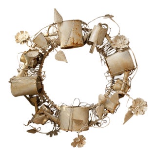Late 20th Century Sculptural Metal Garden Wreath With Watering Cans & Weathered Patina For Sale