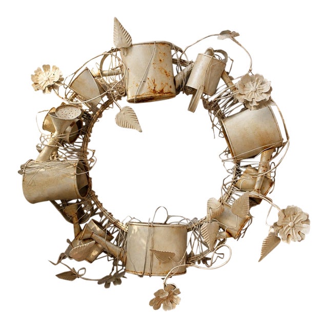 Late 20th Century Sculptural Metal Garden Wreath With Watering Cans & Weathered Patina For Sale