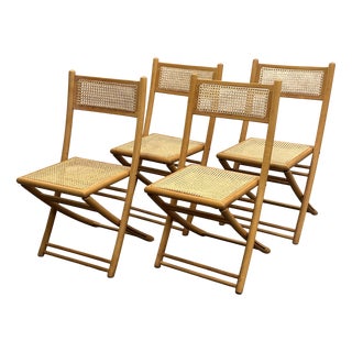 Mid-Century Belgian Folding Chairs in Wood and Hand-Woven Cane, Set of 4 For Sale