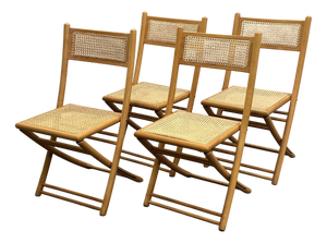 Mid-Century Belgian Folding Chairs in Wood and Hand-Woven Cane, Set of 4