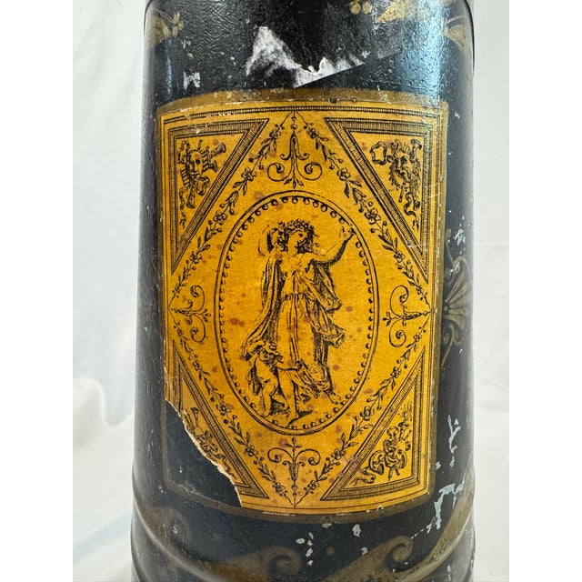 English Antique English Tole Coal Helmet Scuttle | Beldray Maker's Mark, Gilt Neoclassical Decoration | 24in Tall For Sale - Image 3 of 12
