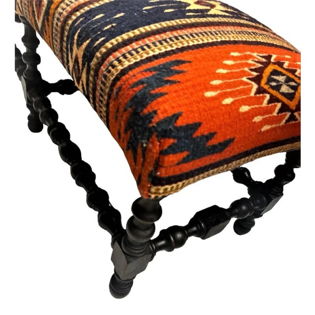 Antique Hacienda Style Bench Reupholstered With Artisanal Wool Zapotec