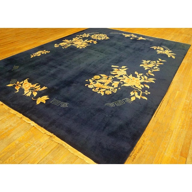 Art Deco 1930s Blue Navy Floral Modern Antique Chinese Art Deco Carpet 8'10" X 11'8" Handknotted Wool Rug For Sale - Image 3 of 12