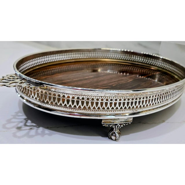 Metal Mid Century Sheffield Silver Co. Formica Laminate Footed Serving Tray, Wood-Grain, Silverplate Gallery For Sale - Image 7 of 12