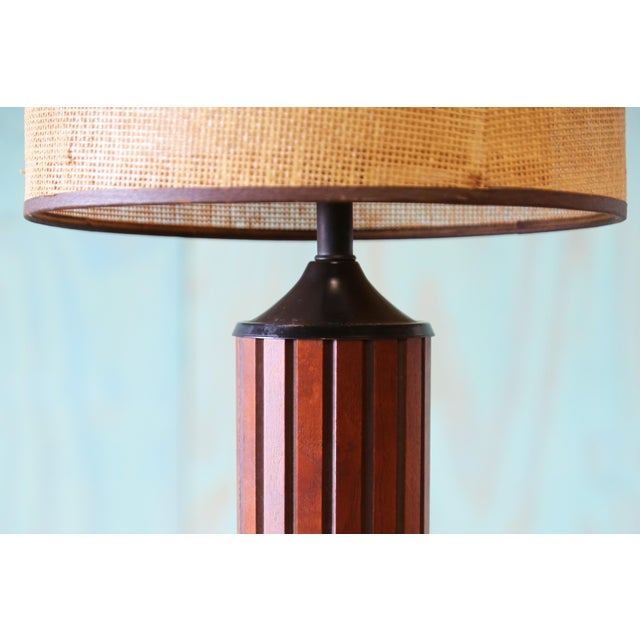 Mid-Century Modern 1960s Gruvwood Table Lamp Slat Wood and Original Woven Shade For Sale - Image 3 of 8