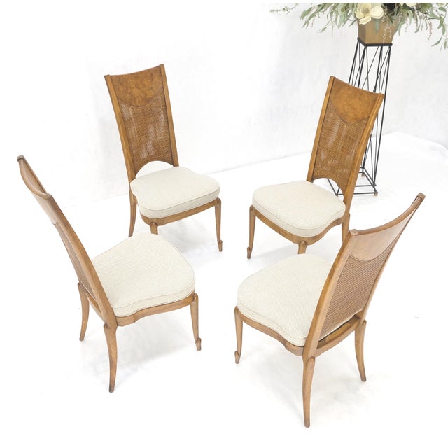 White Set 4 Burl Wood Cane Back NEW Upholstery Dining Chairs Mid Century Modern MINT! For Sale - Image 8 of 15