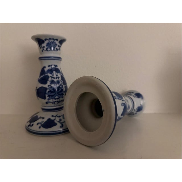 2 Jingdezhen Ceramic Candle Holders Blue and White Porcelain Vintage For Sale - Image 4 of 4