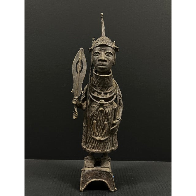 Metal African Tribal Art Benin Bronze Warrior Statue For Sale - Image 7 of 9