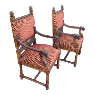 Vintage Pair of Wooden Jacobean Throne Chairs For Sale