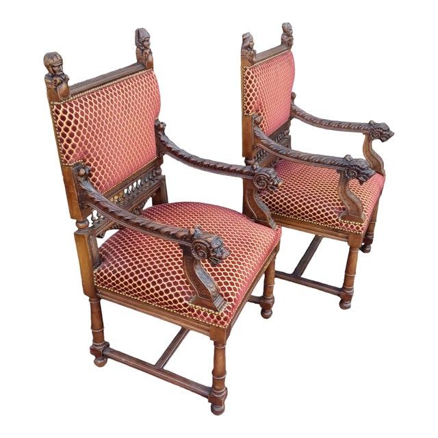 Vintage Pair of Wooden Jacobean Throne Chairs Chairish