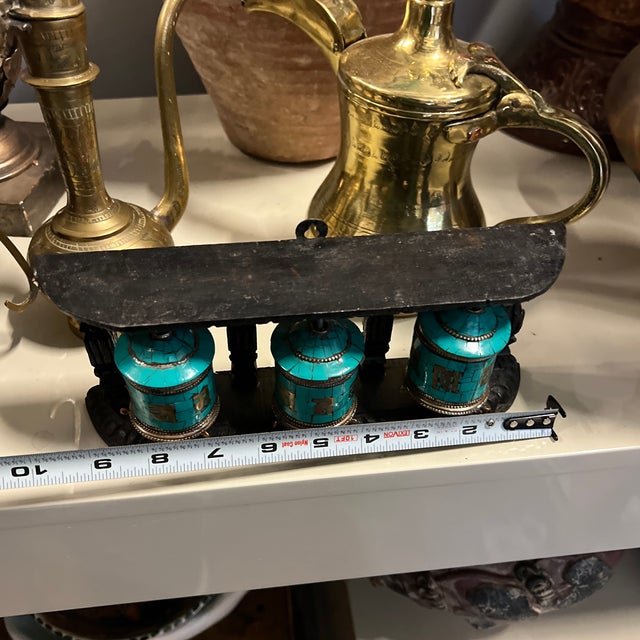 Vintage Tibetan Wall Hanging Teal and Black Prayer Wheel For Sale - Image 9 of 11