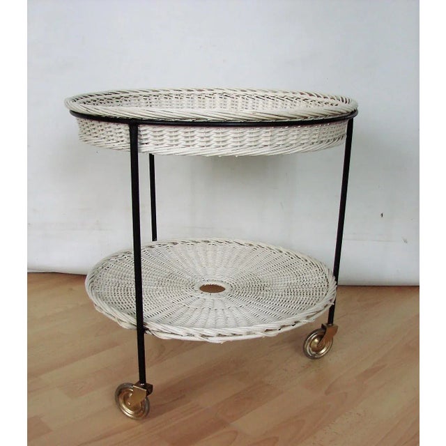 Wood Rattan Table on Wheels, 1960s For Sale - Image 7 of 8
