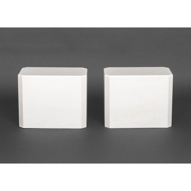Pair of Modern White Quartzite Side Tables, rectangular with canted corners. 16" H x 20" W x 12" D. Provenance: From a 500...