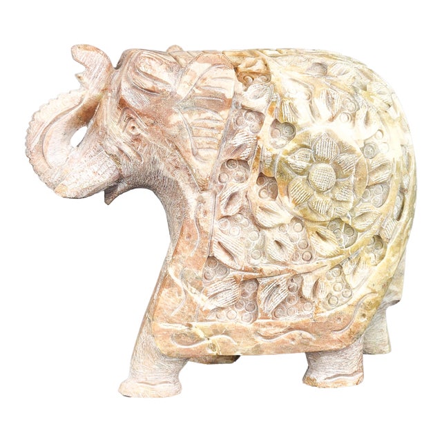 Vintage Hand-Carved Marble Stone Elephant Sculpture For Sale