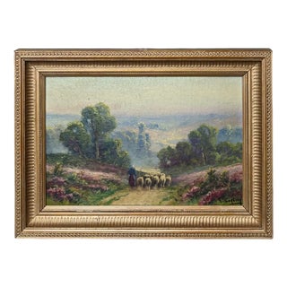 Corbier, Shepherdess and Her Flock, Oil on Panel, Early 20th Century, Framed For Sale